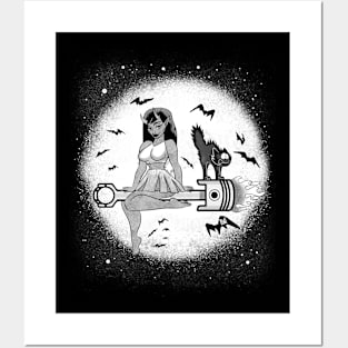 Pinup, black cat and moon - Black and white Posters and Art